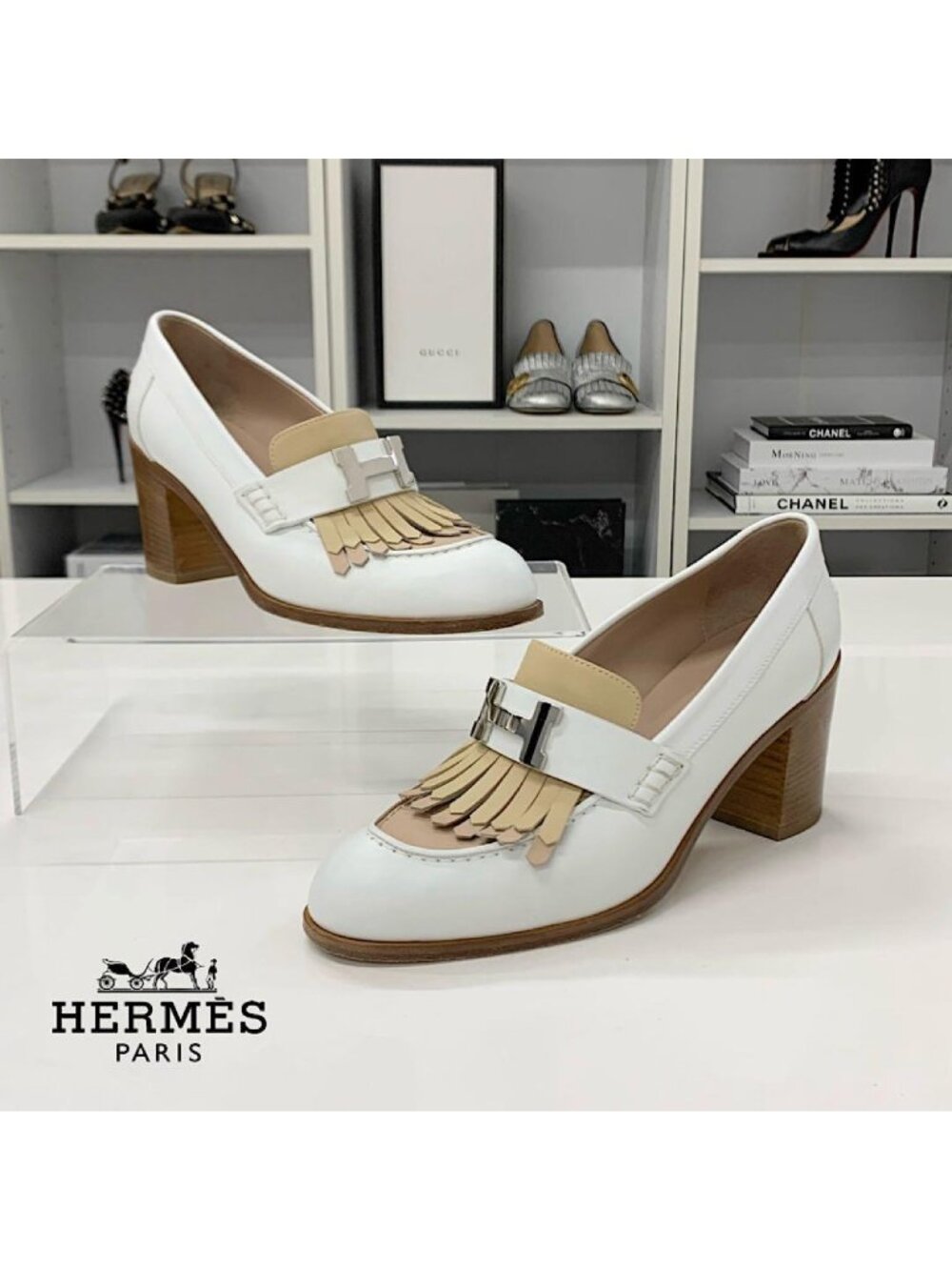 Hermes Elysee Leather Fringe Pumps White Heel